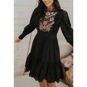 Böhme Cottagecore Long Sleeve Floral Emobroidered Little Black Dress Women's XS
